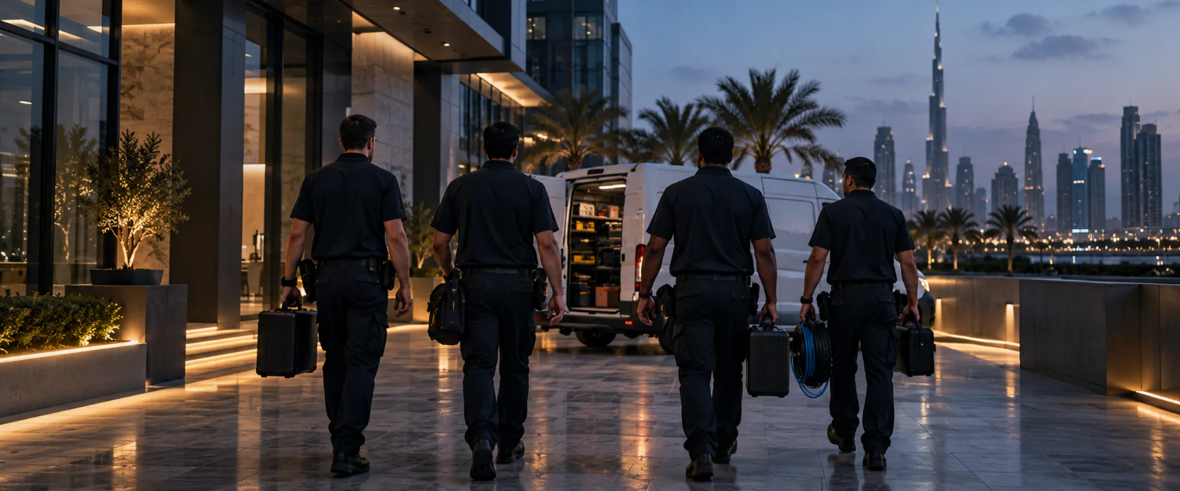 Technest technicians walking to a job with tool bags