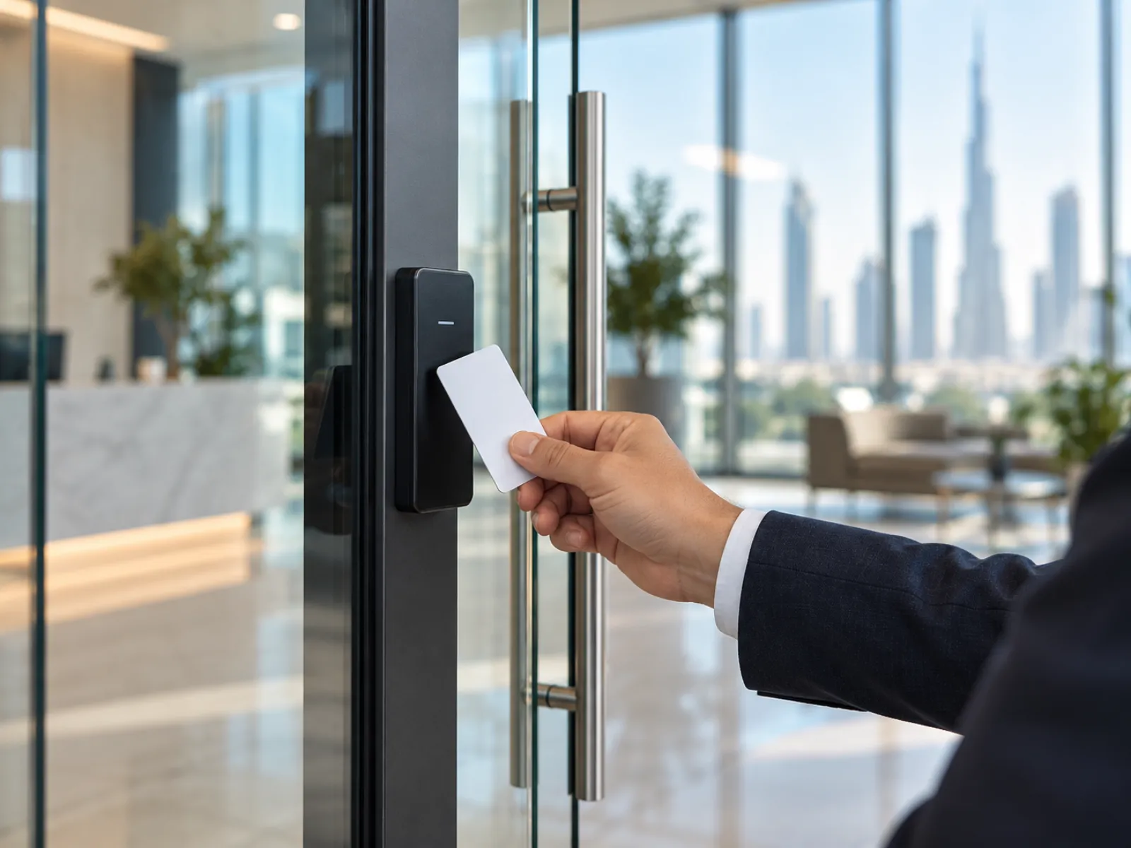 Access card held to a door reader in an office lobby