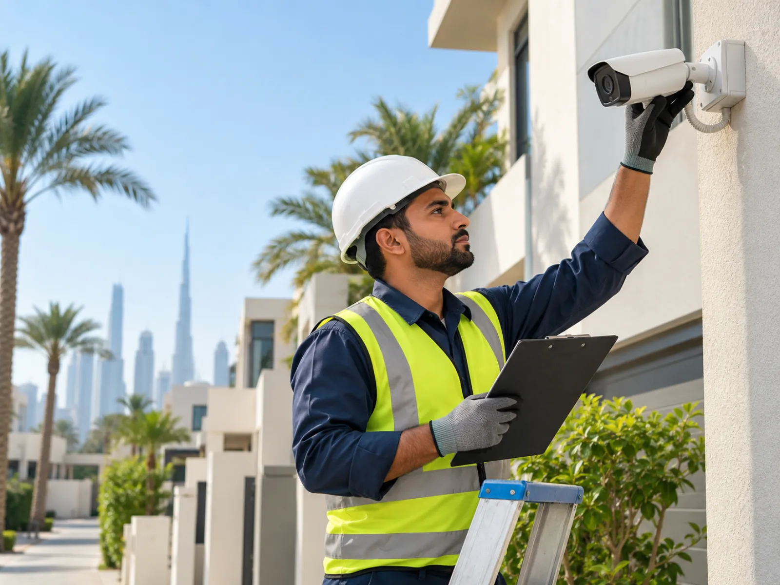 Technician in safety gear servicing a CCTV camera
