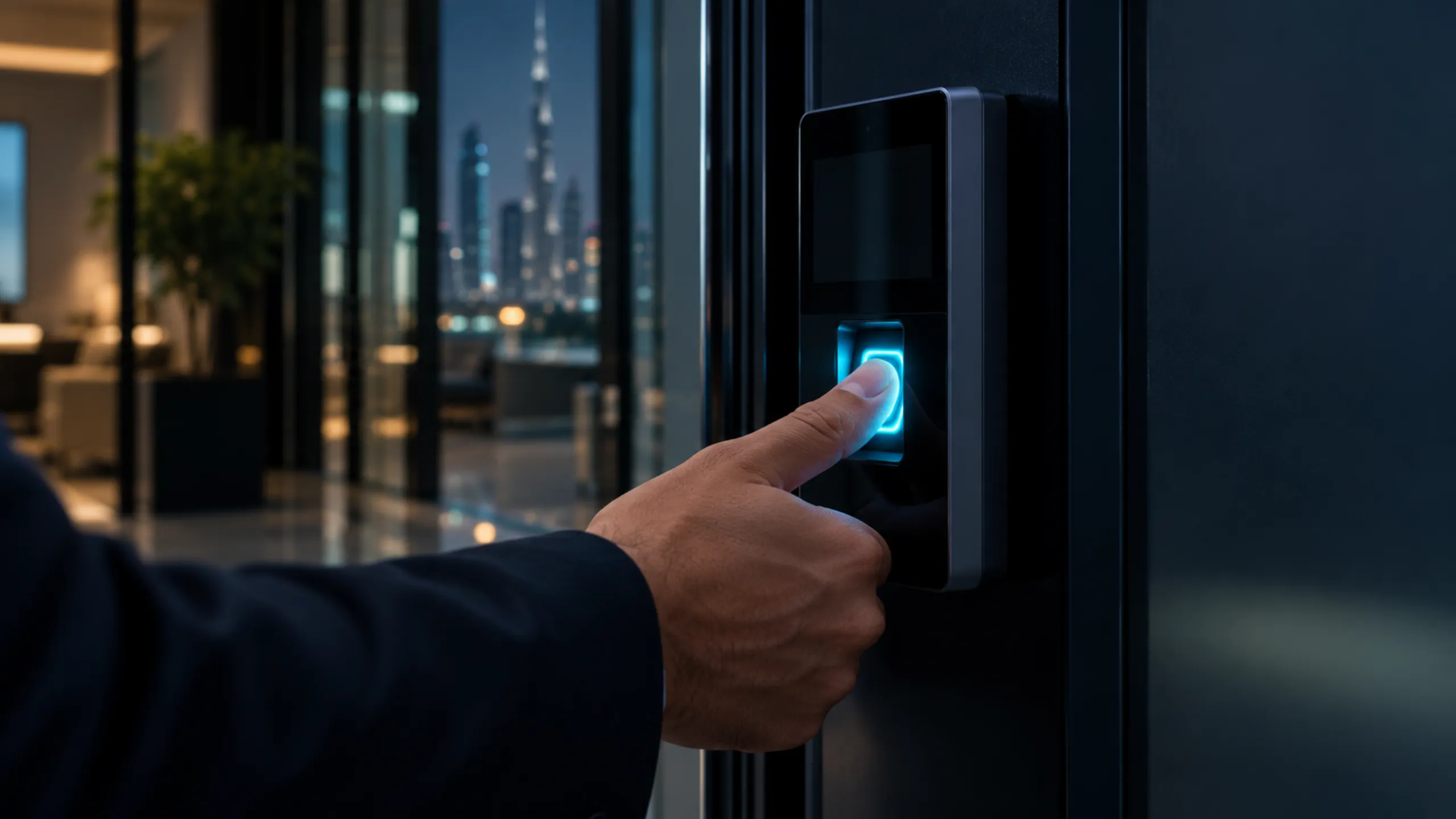 Finger on a biometric reader beside a door