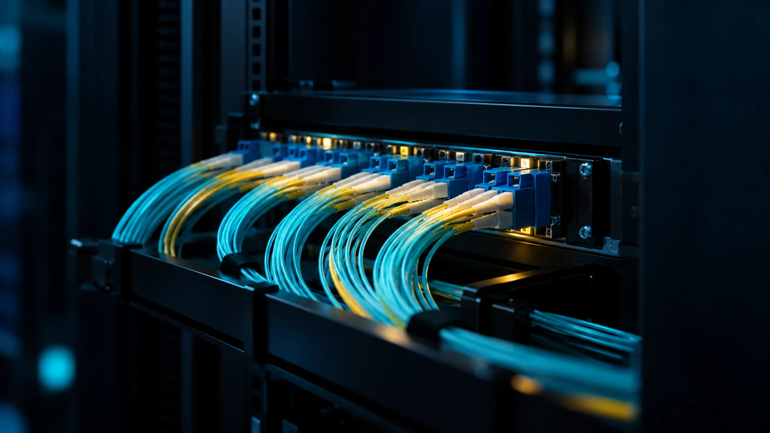 Network cables plugged into a patch panel