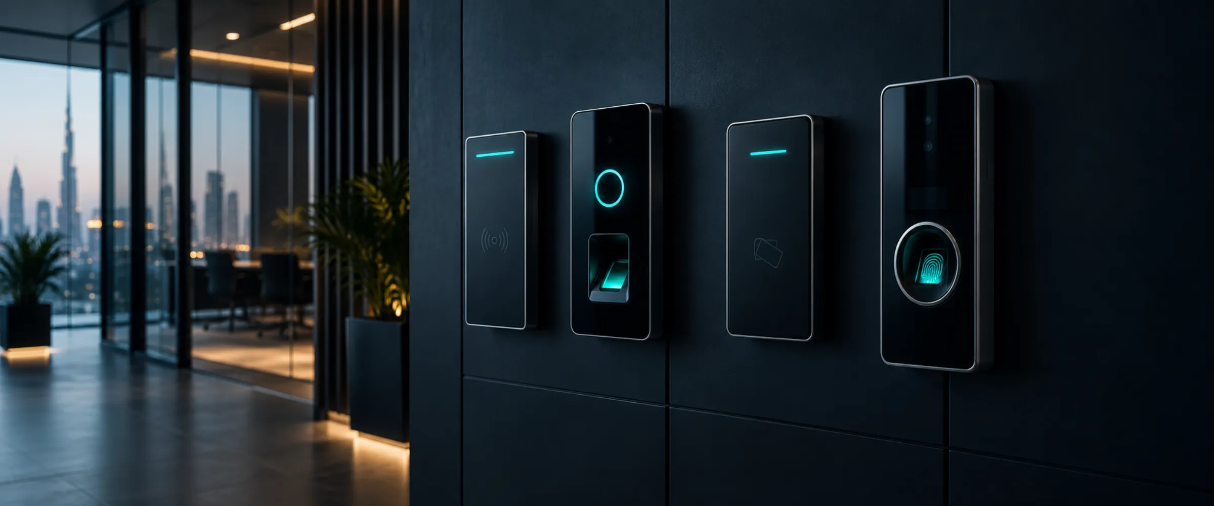 Access control readers and keypads on a dark wall