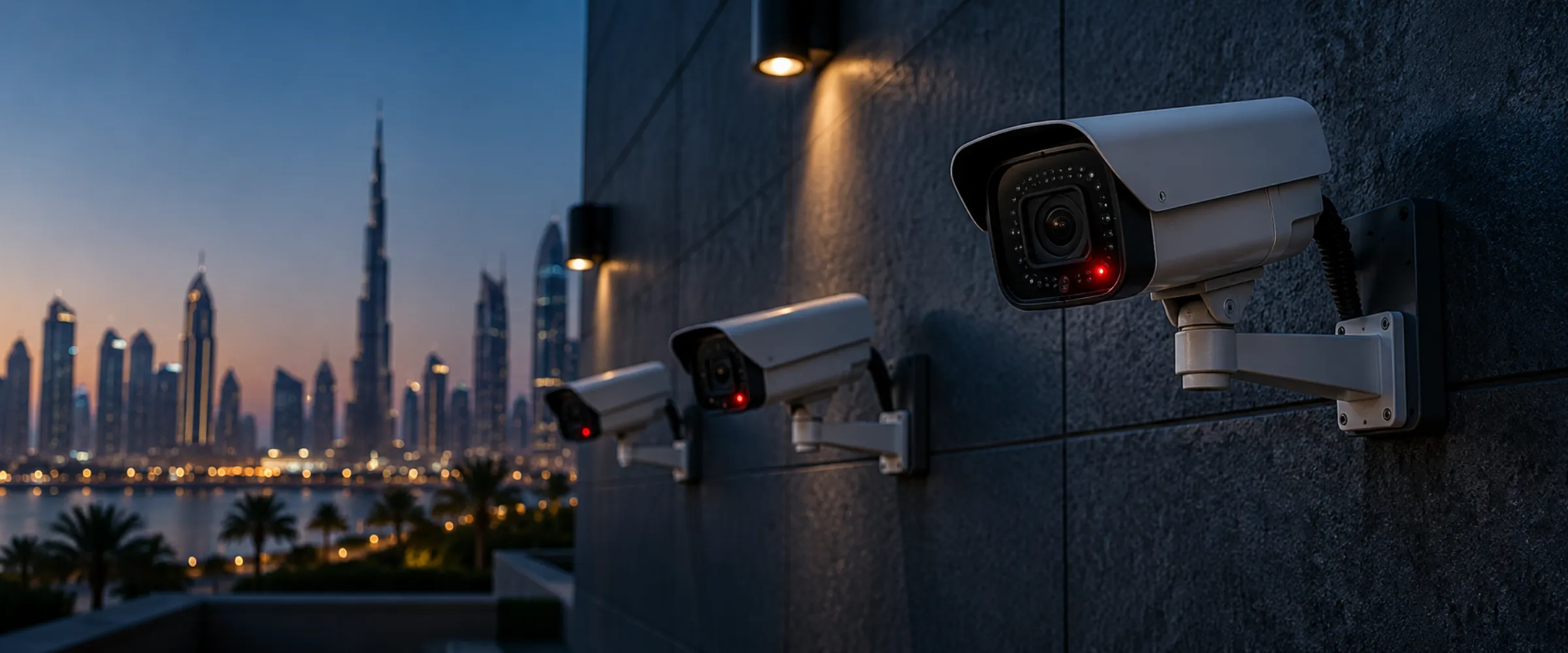 Bullet CCTV cameras on a wall with the Dubai skyline