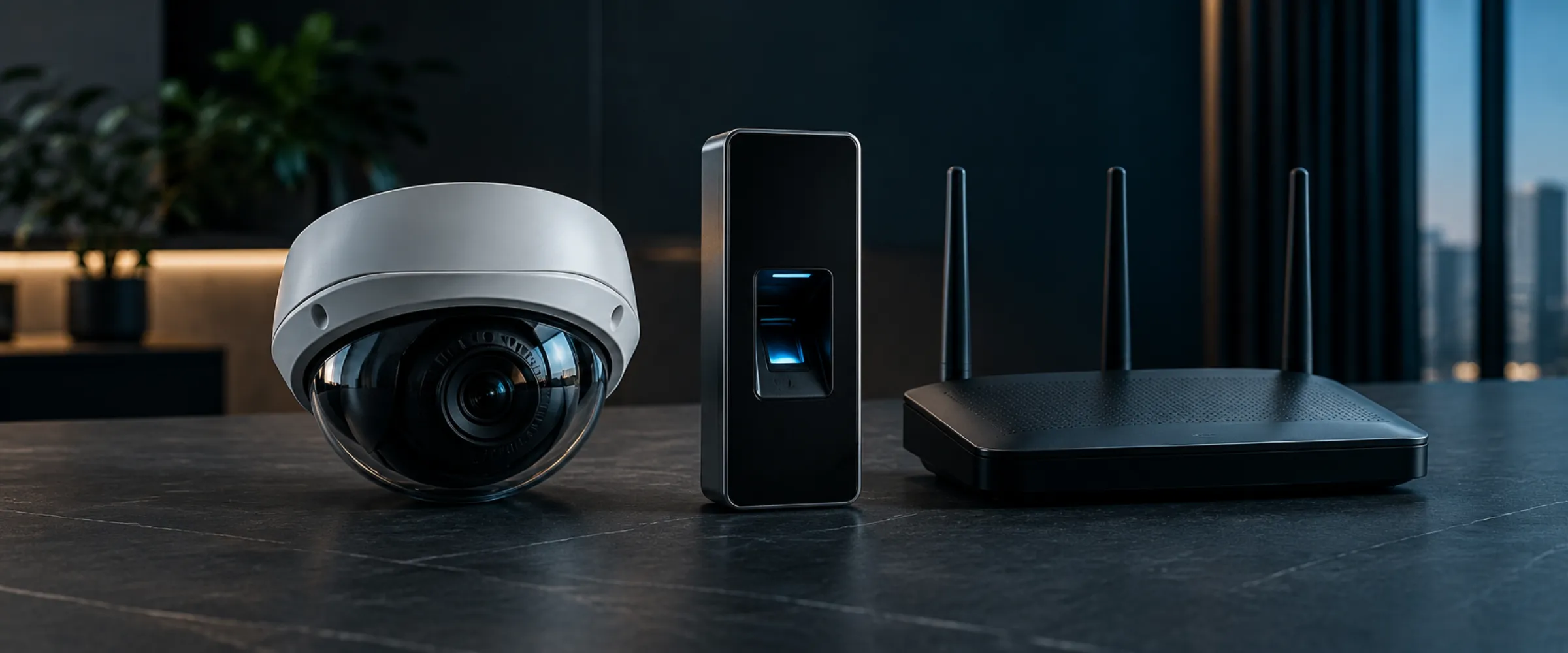 Dome camera, fingerprint reader and Wi-Fi router