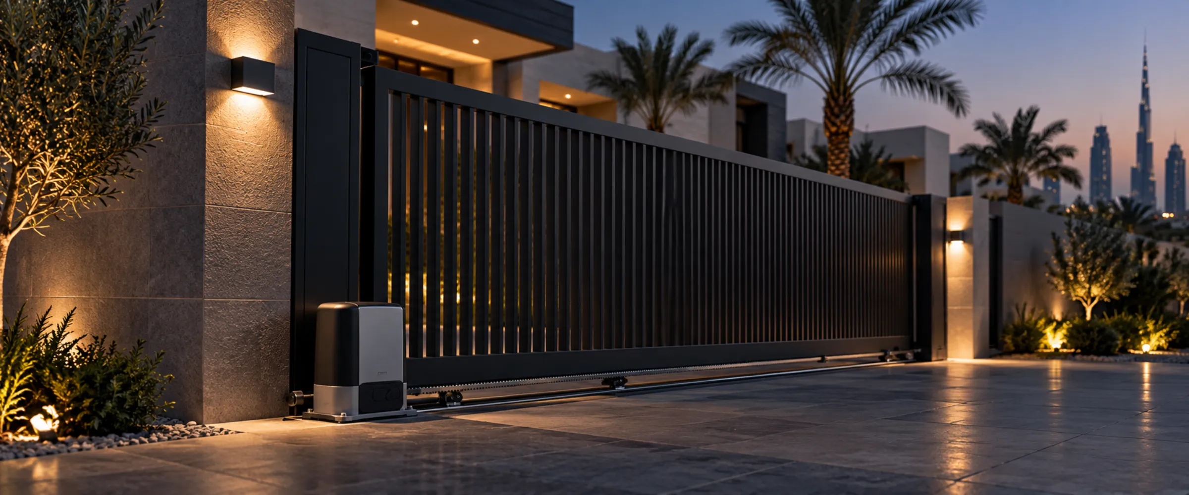 Automatic sliding gate at a villa at night