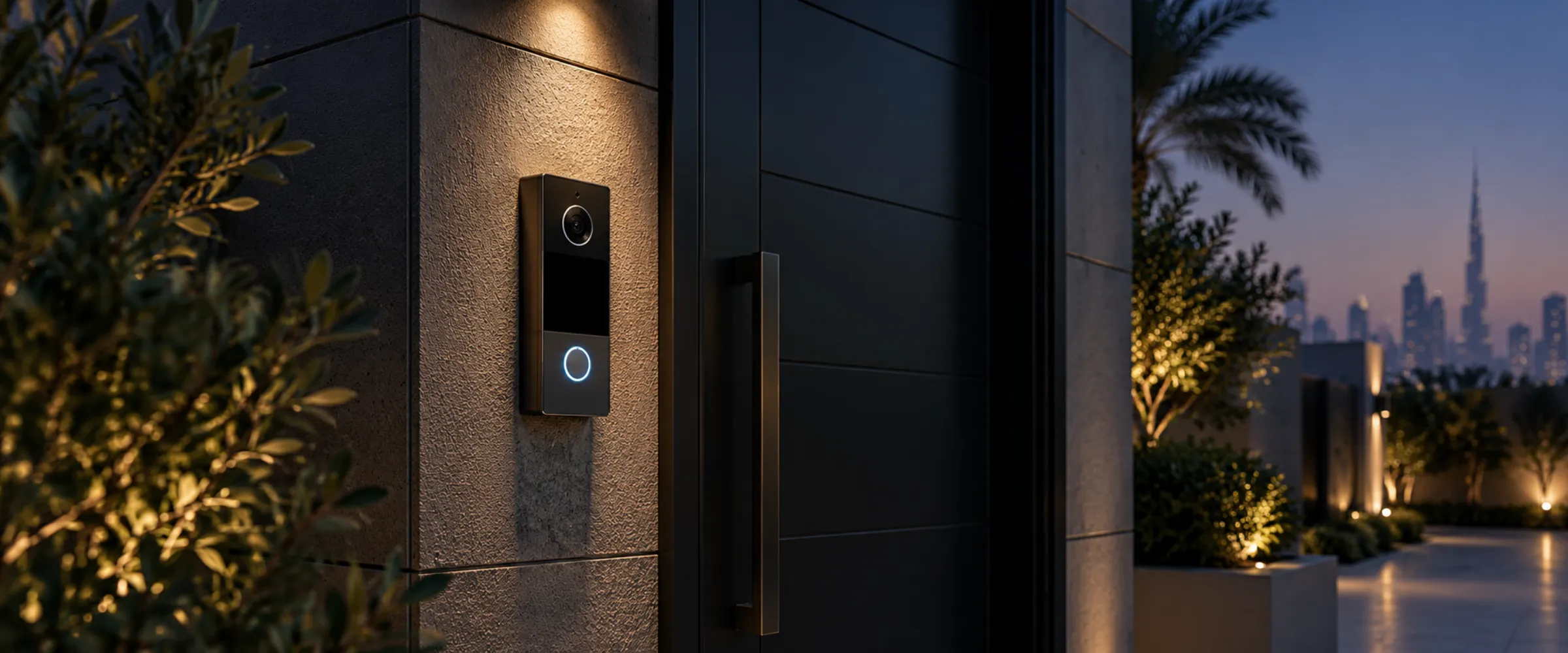 Video doorbell beside a front door