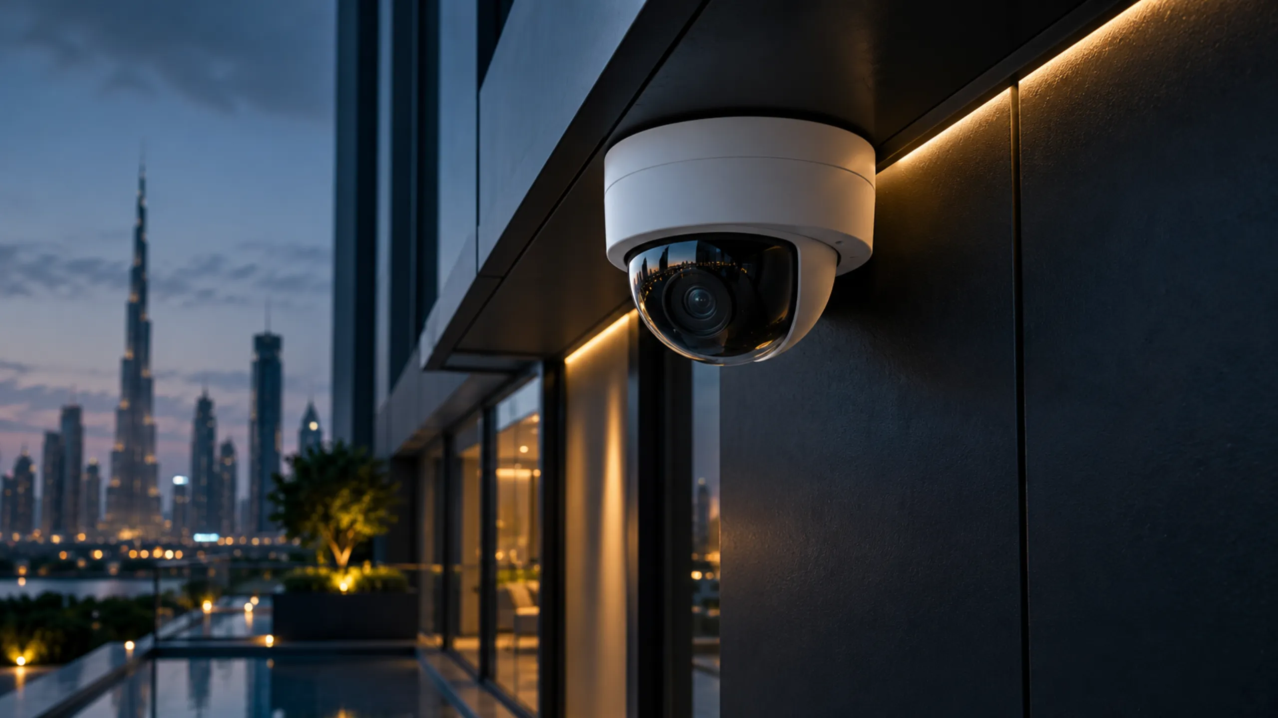 Dome CCTV camera on a building with the Dubai skyline at night
