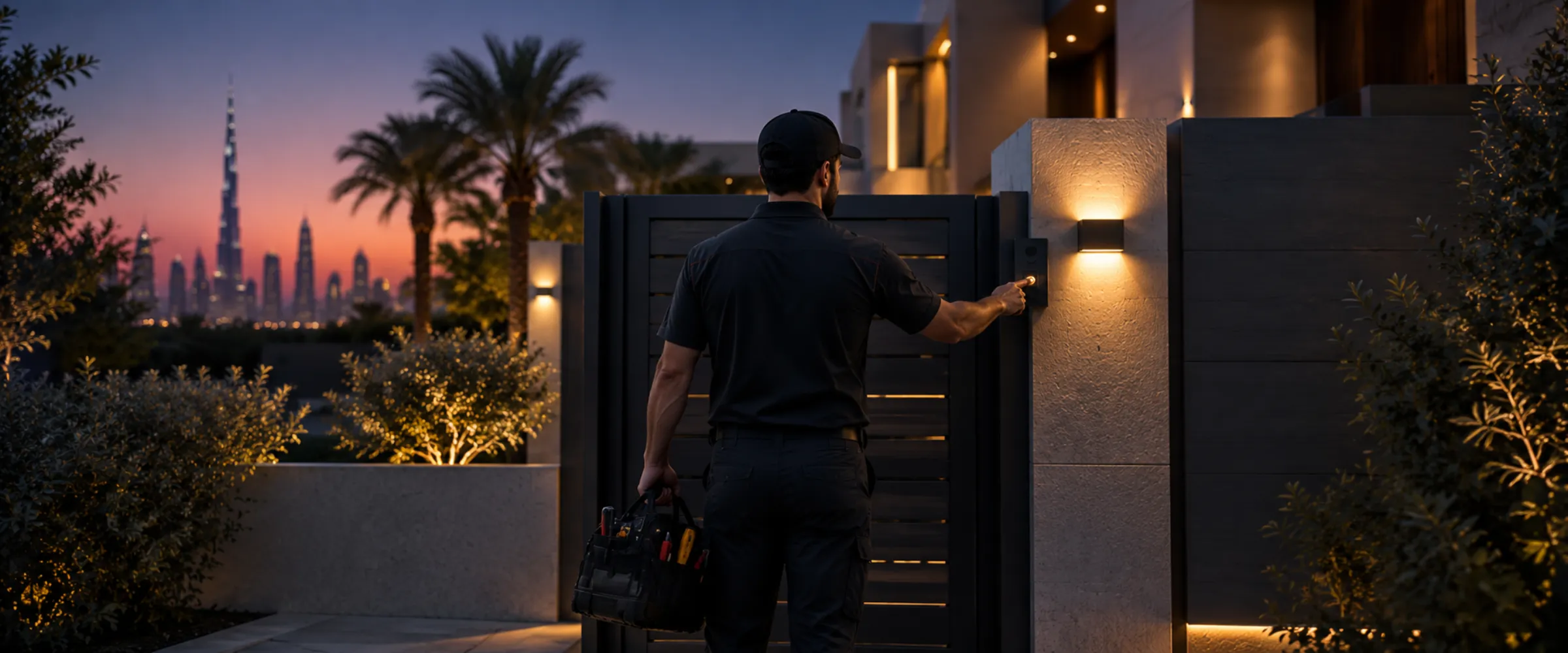 Technician arriving at a villa gate at dusk