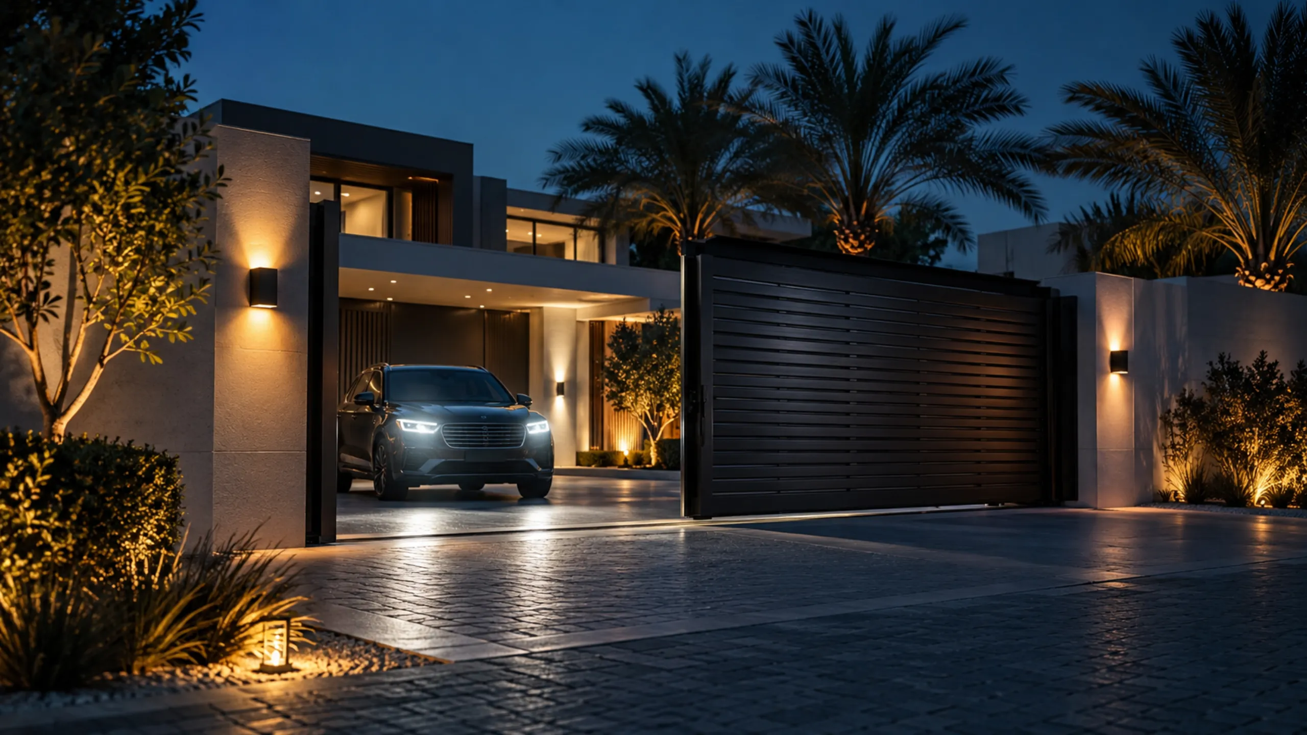 Automatic sliding gate at a villa driveway at night