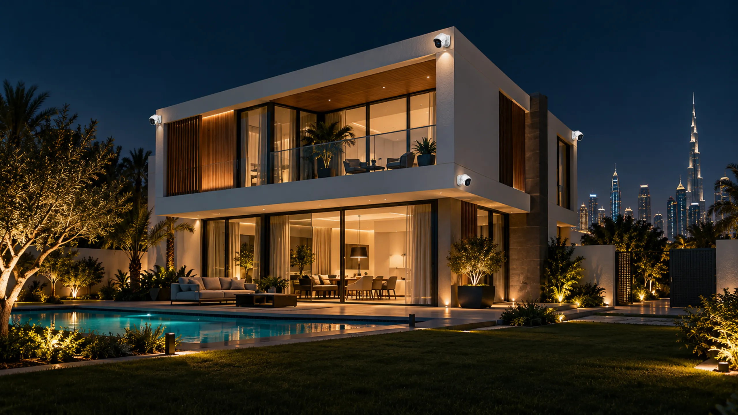 Modern villa with security cameras at night