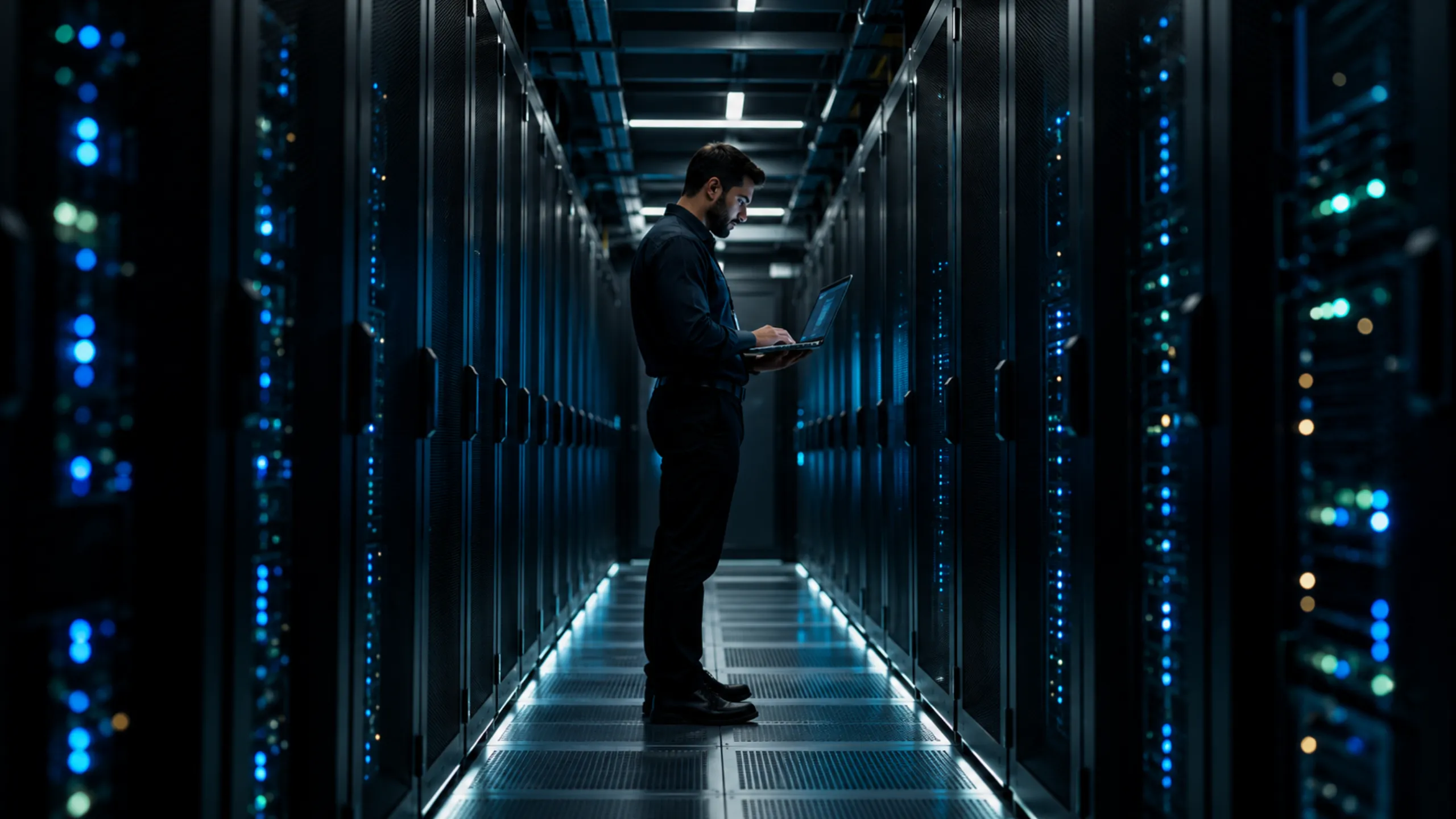 Engineer checking a server room aisle