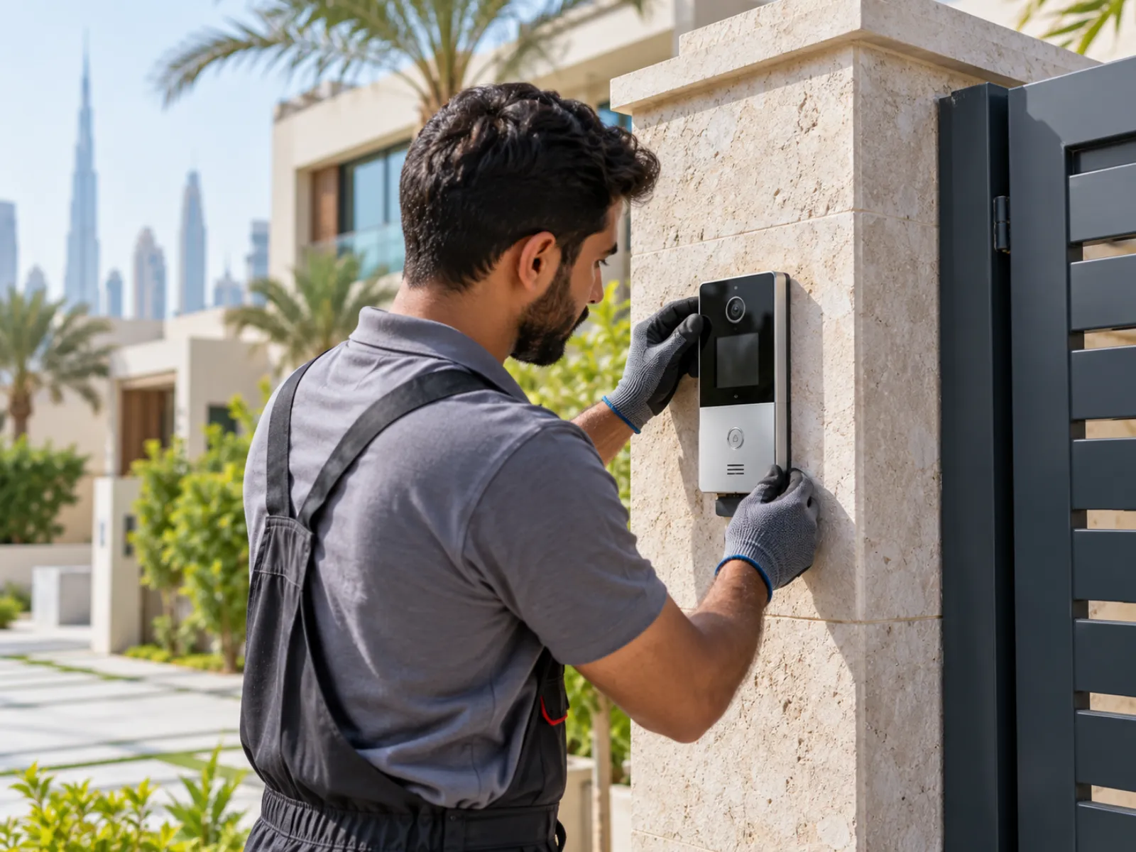 Technician installing a video intercom at a villa gate