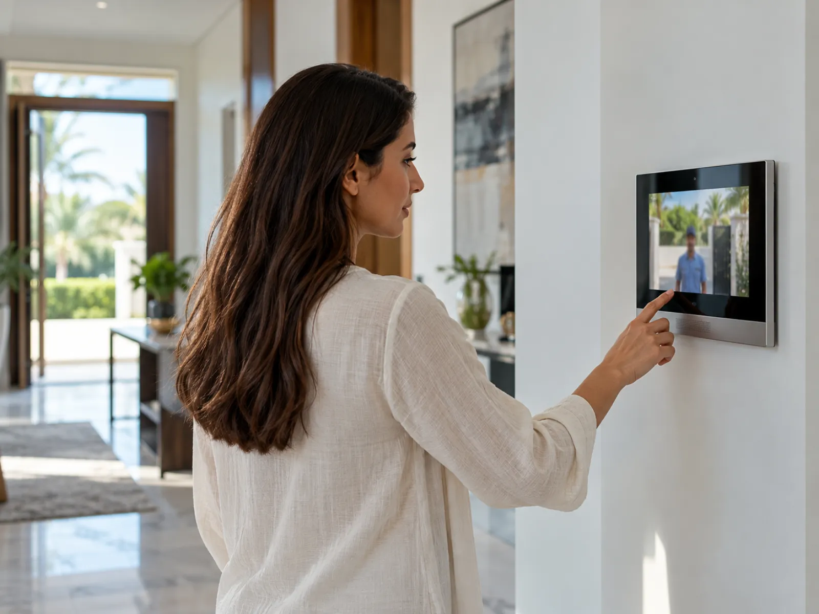 Woman answering a video intercom screen at home