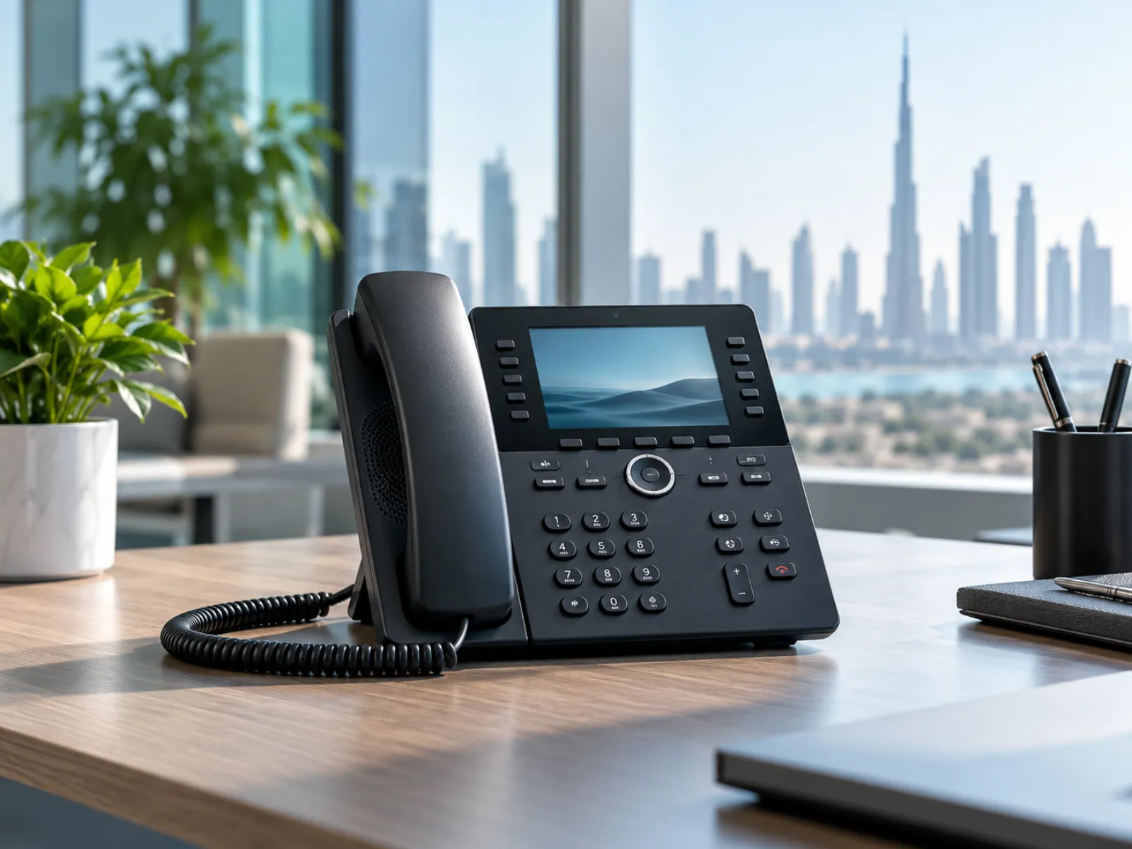 IP desk phone in an office with the Dubai skyline