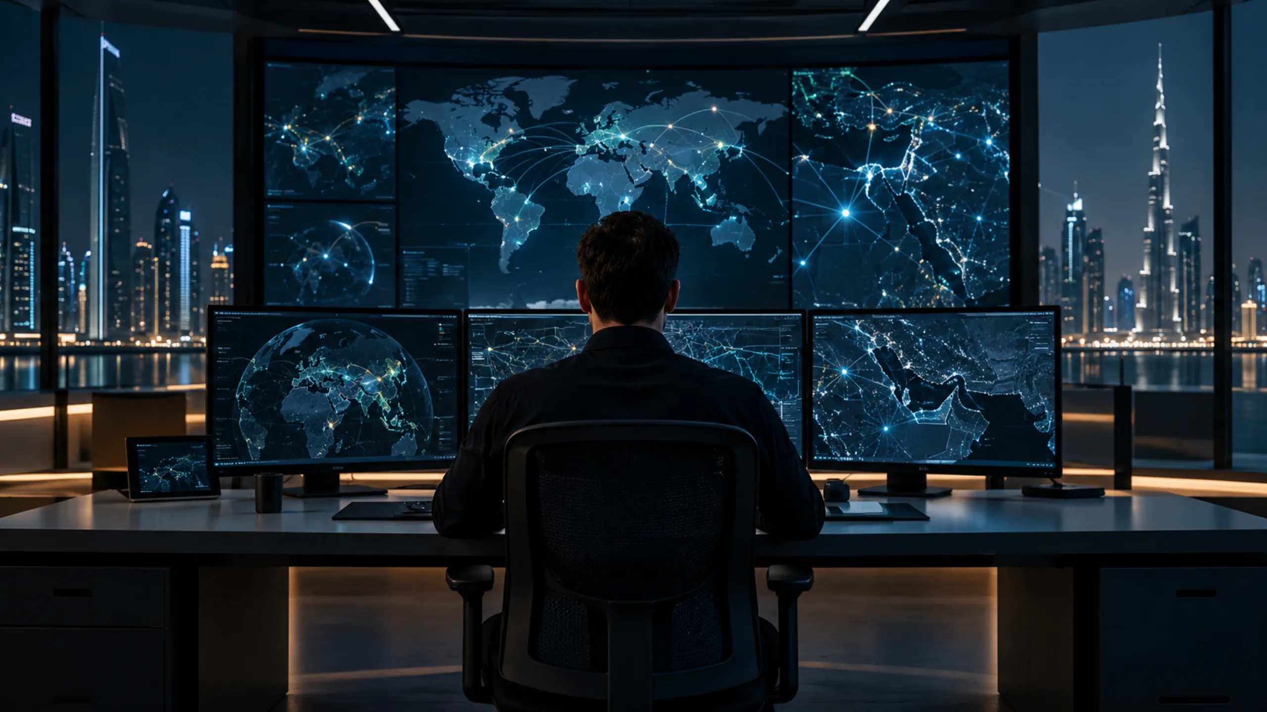 Security analyst at monitors in an IT operations room