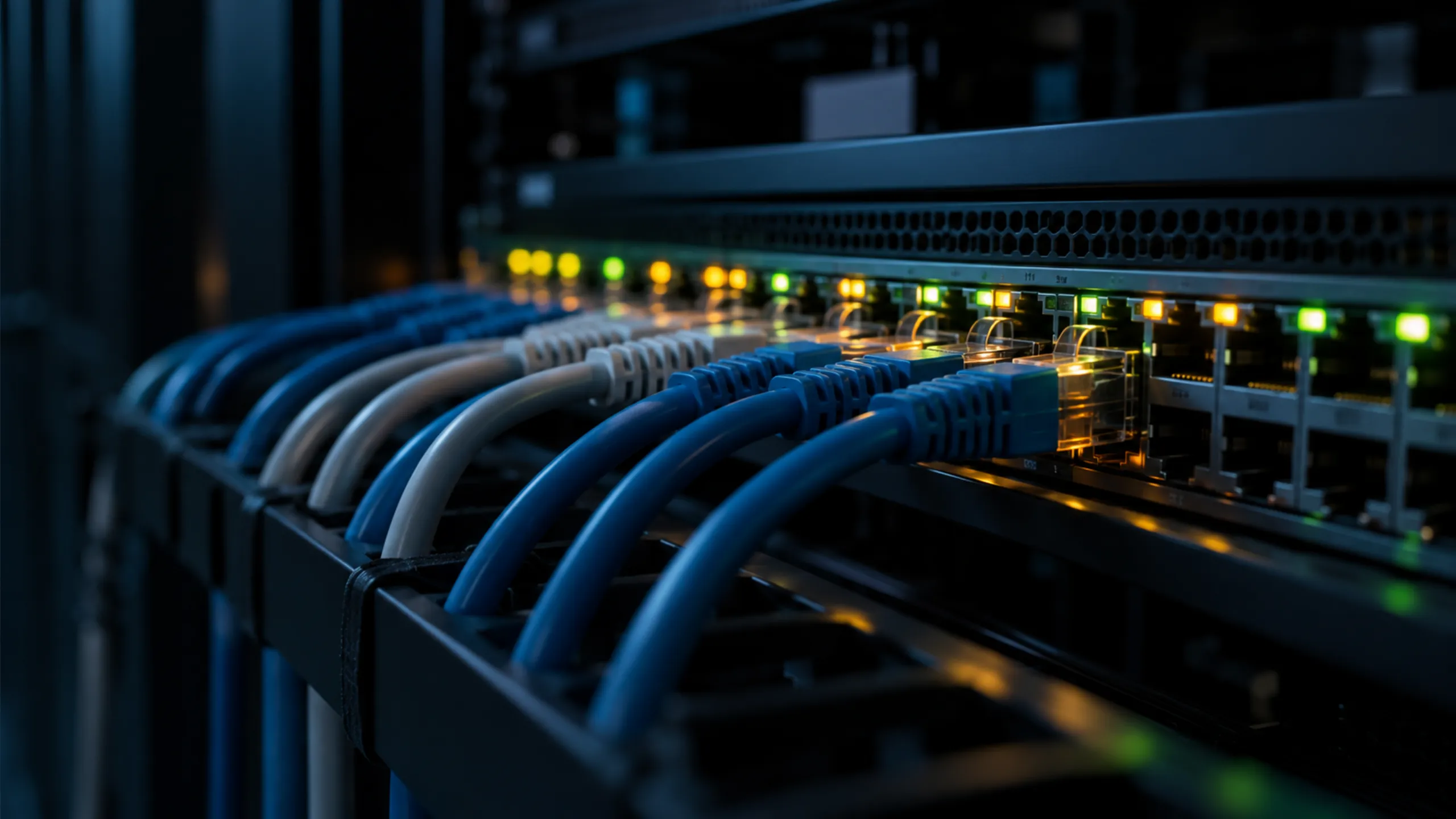 Network switch with connected cables and status lights