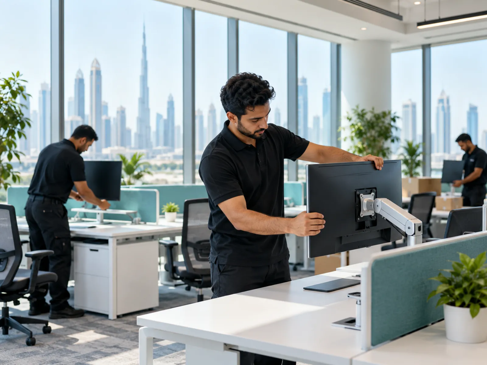 Technicians setting up computers in a new Dubai office