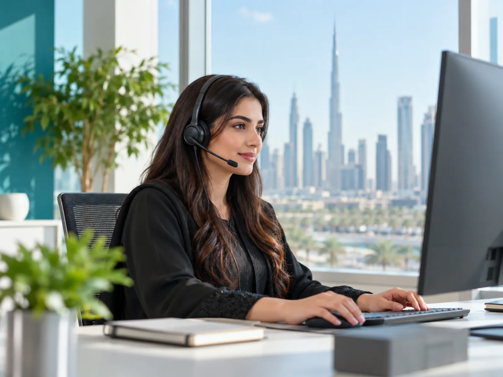 Support agent with a headset in a Dubai office