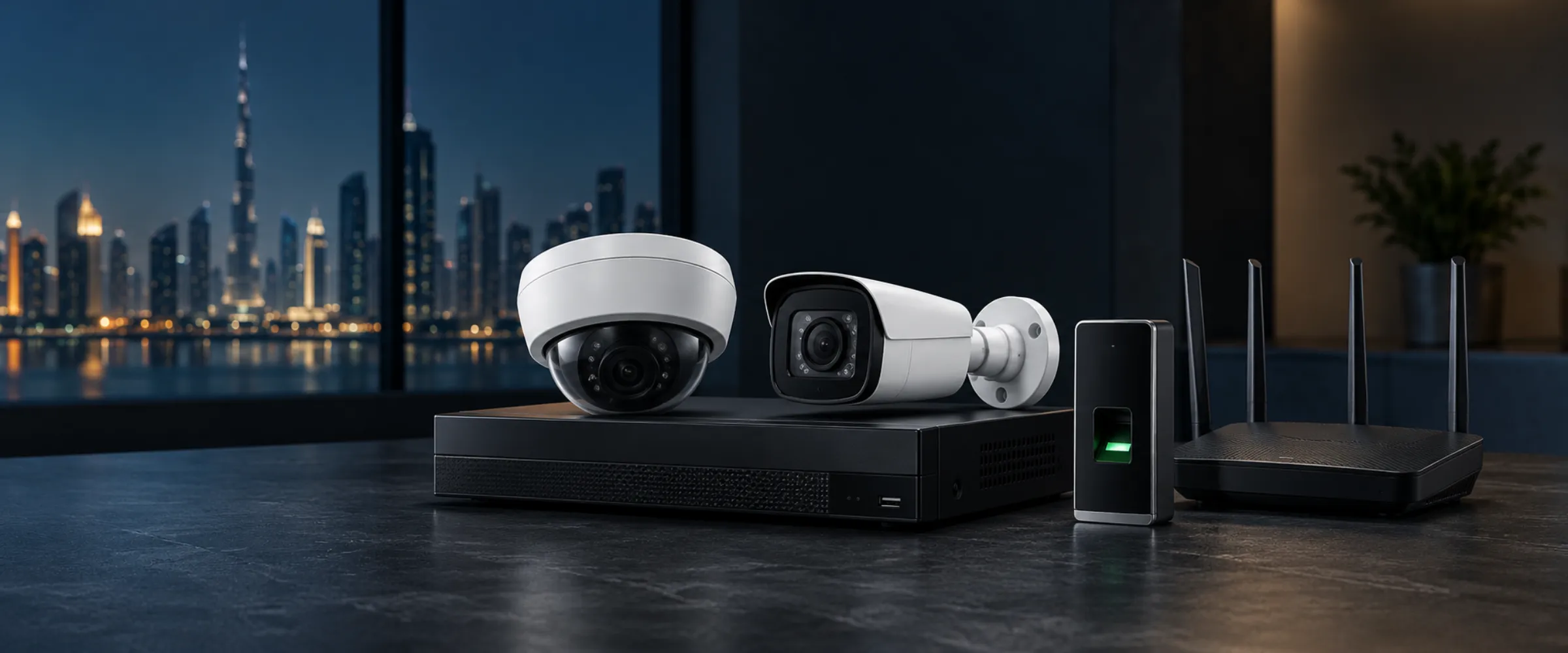 CCTV cameras, NVR and access reader on a table