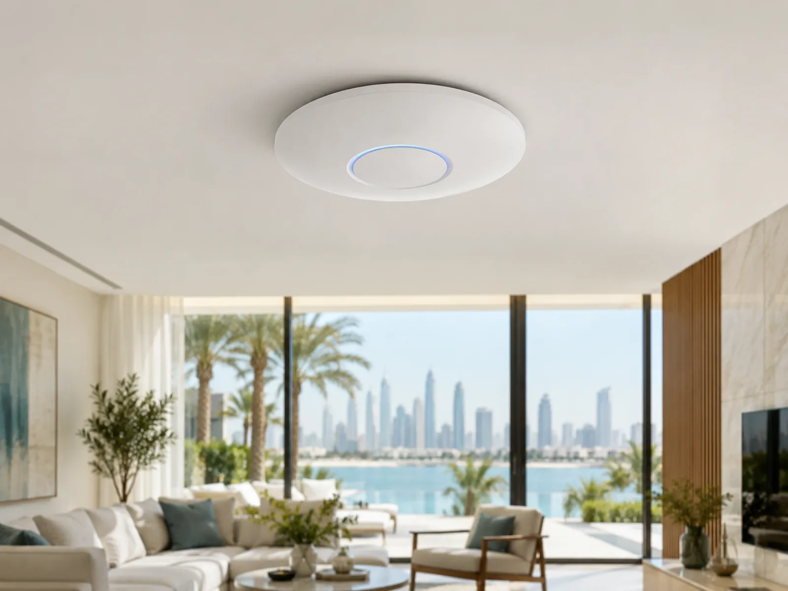 Ceiling Wi-Fi access point in an apartment overlooking the sea