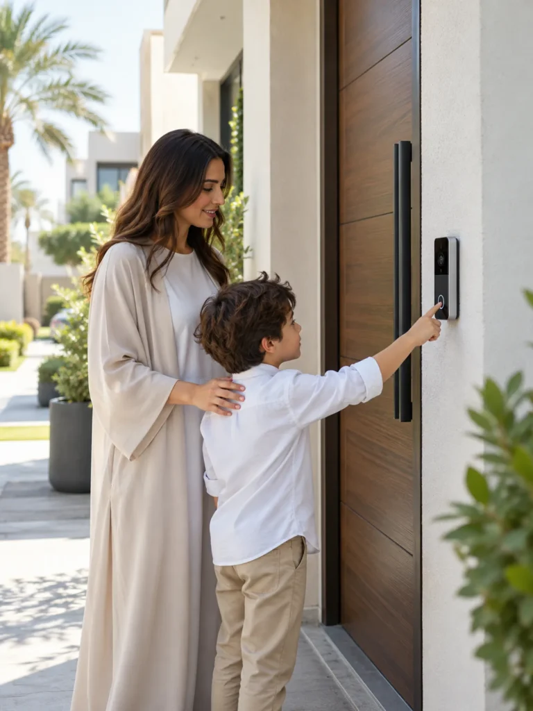 Mother and child at a video doorbell at home