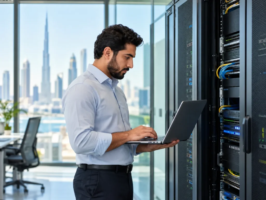IT engineer with a laptop beside a server rack