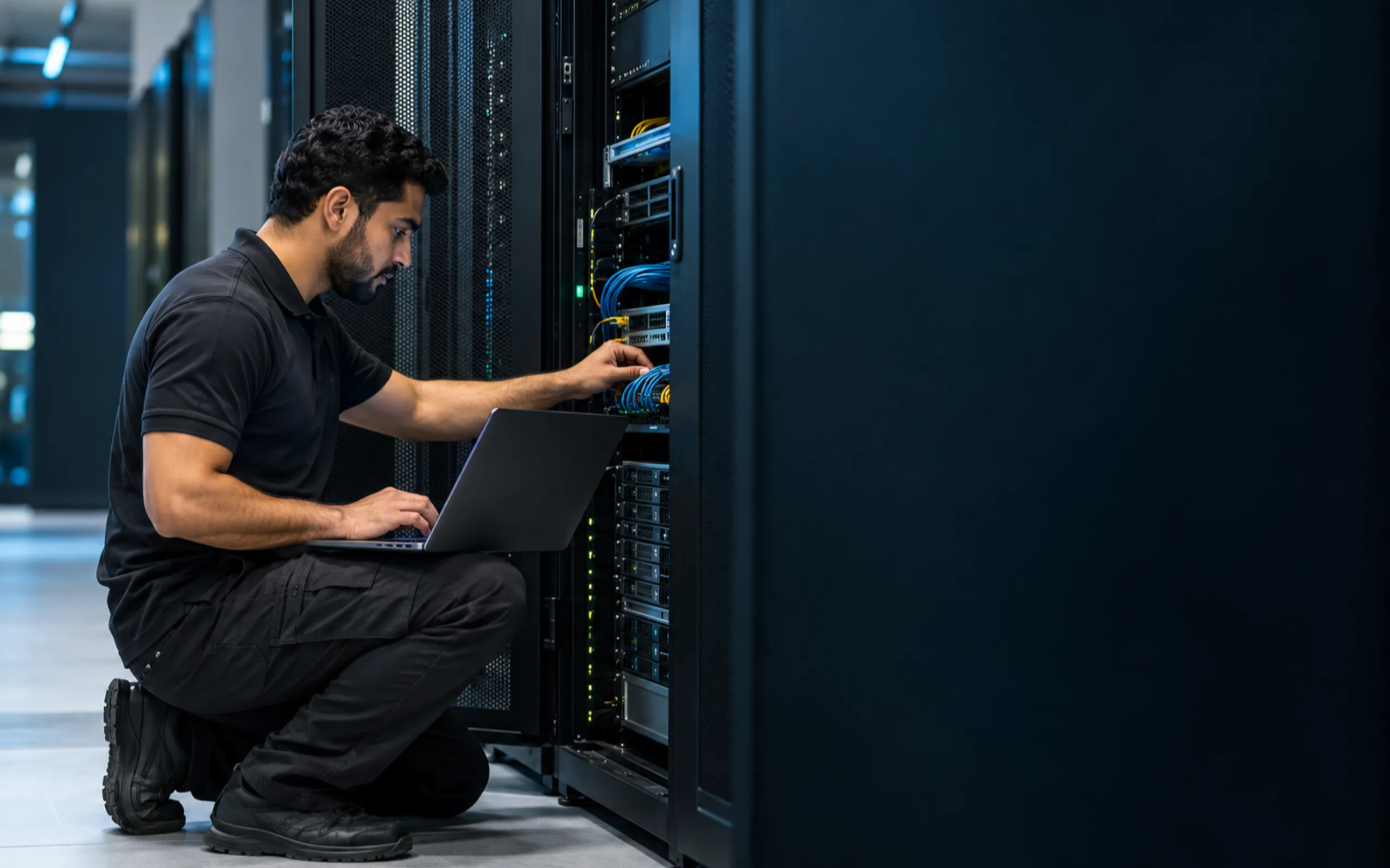 Engineer with a laptop working on a server rack