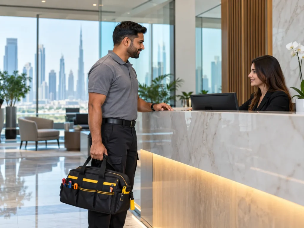 On-call engineer with a tool bag at an office reception