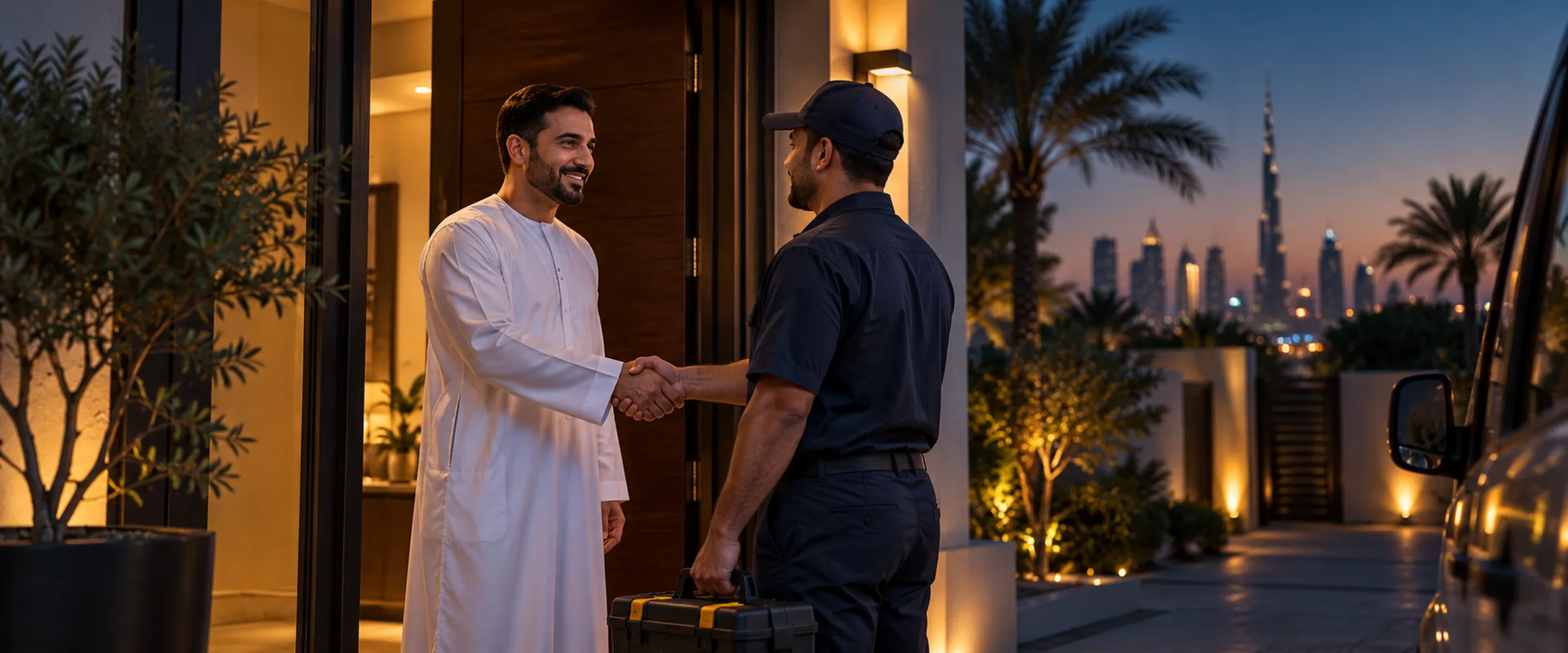 Homeowner shaking hands with a technician at the door