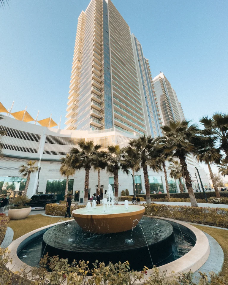 Residential tower and fountain plaza in DAMAC Hills
