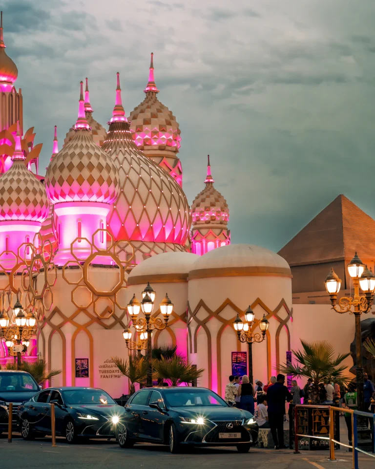 Global Village pavilions at dusk in Dubailand