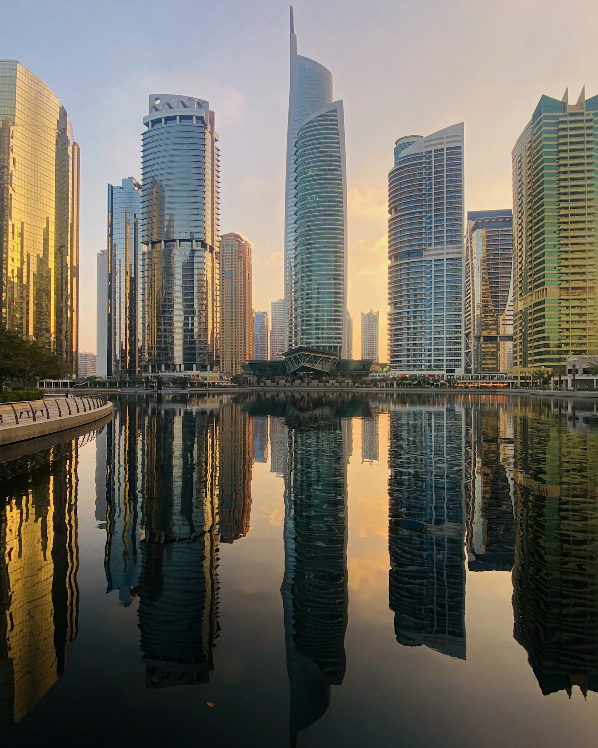 Jumeirah Lake Towers reflected in the lake