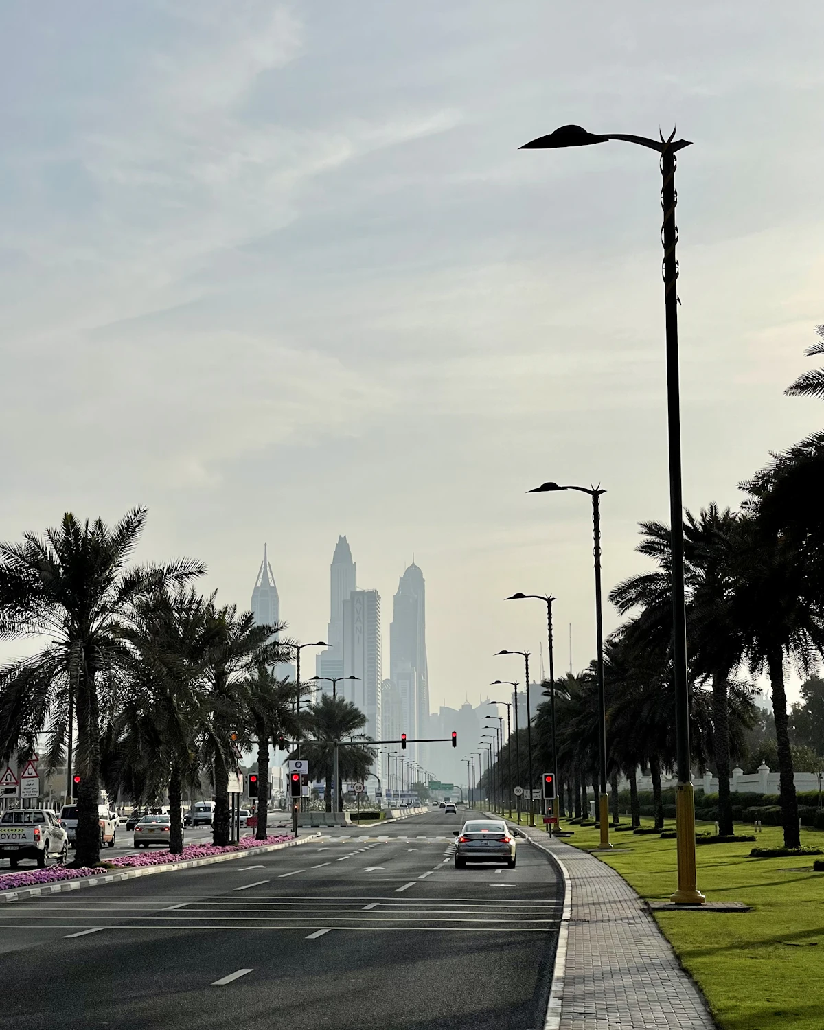 Palm-lined street near Jumeirah with the Dubai skyline