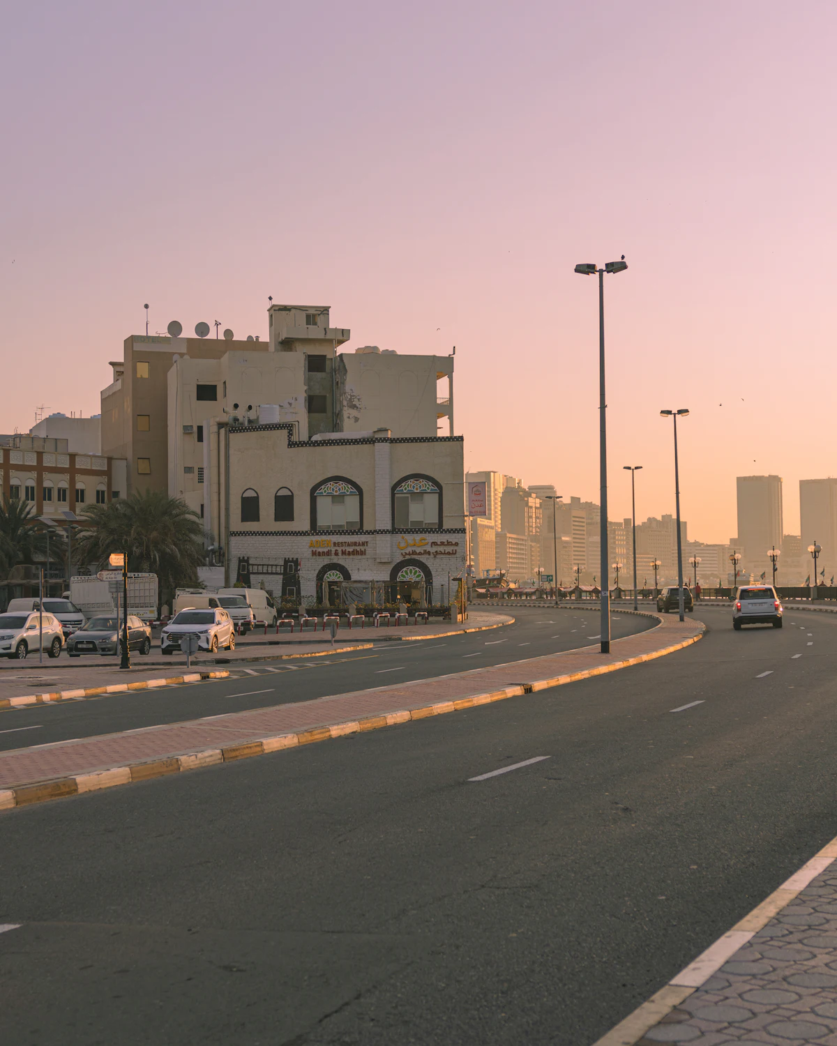 Low-rise street in old Dubai at sunrise