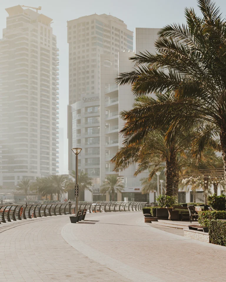 Apartment towers and palm-lined promenade in Dubai