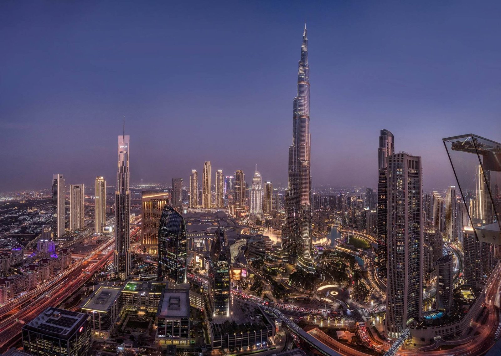 Downtown Dubai skyline with the Burj Khalifa at twilight