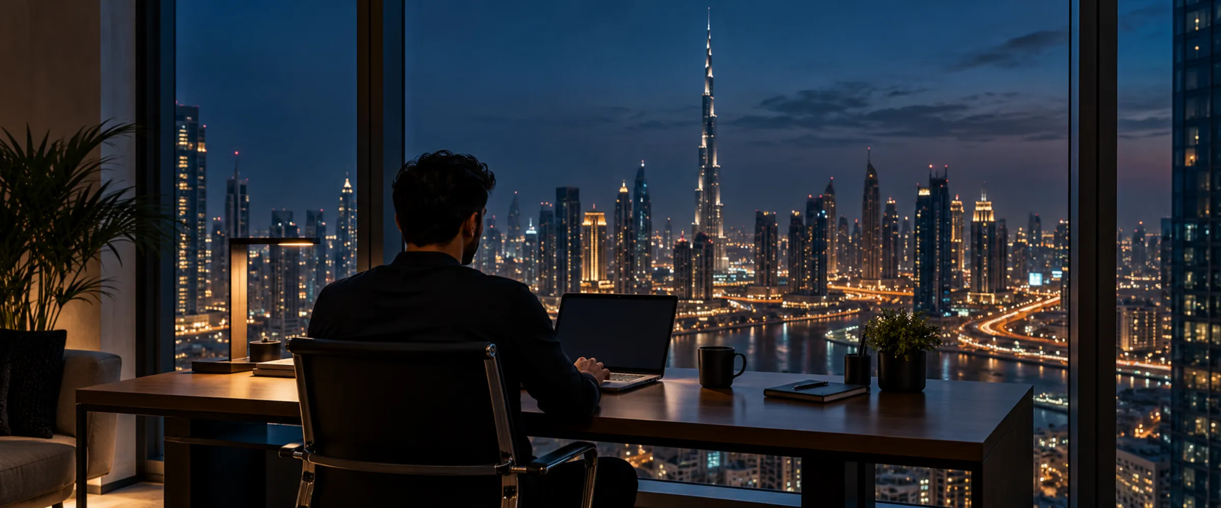 Man at a laptop overlooking the Dubai skyline at night