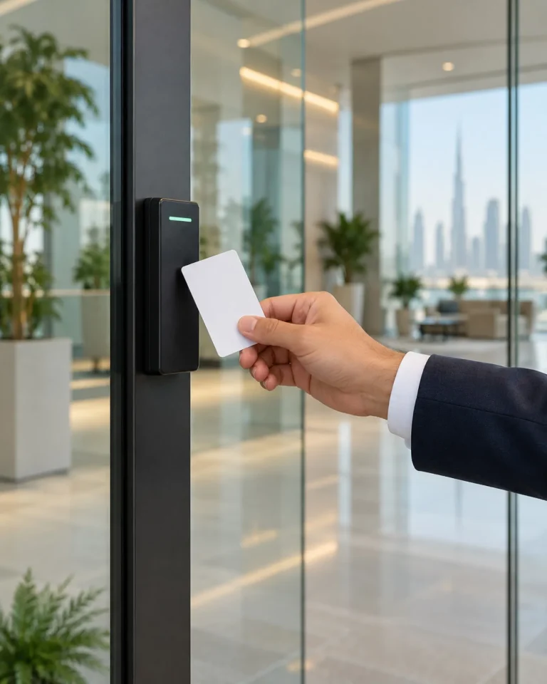 Access card held to a reader on an office glass door