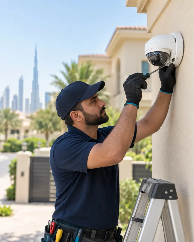 Technician servicing a CCTV camera at a Dubai villa