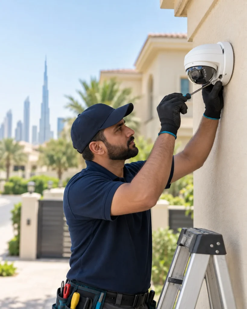 Technician servicing a CCTV camera at a Dubai villa