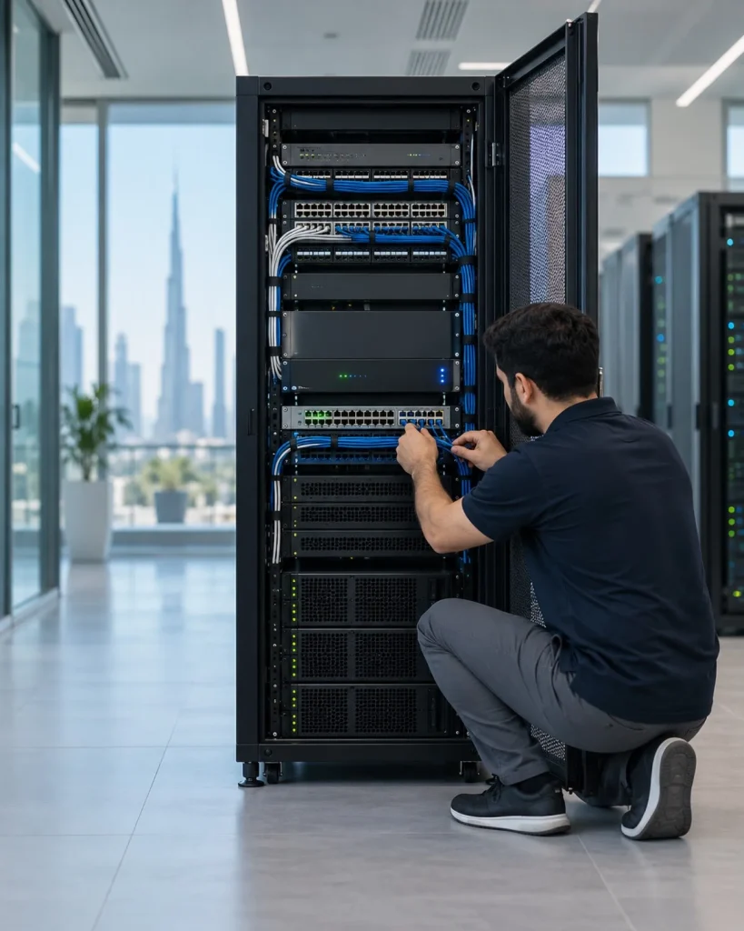 IT engineer working on a network rack
