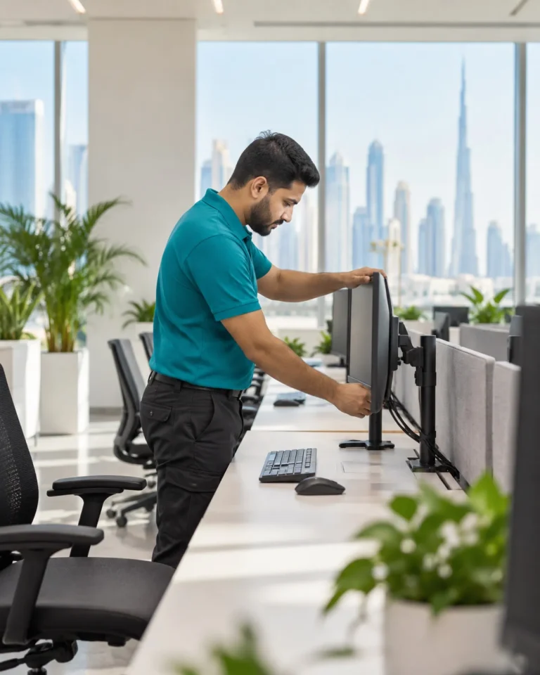 Technician setting up computers in a new office
