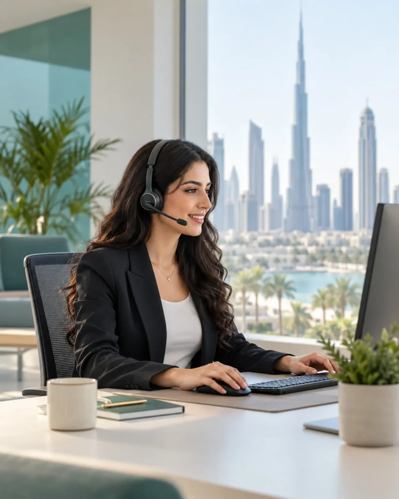 Support agent with a headset at a computer