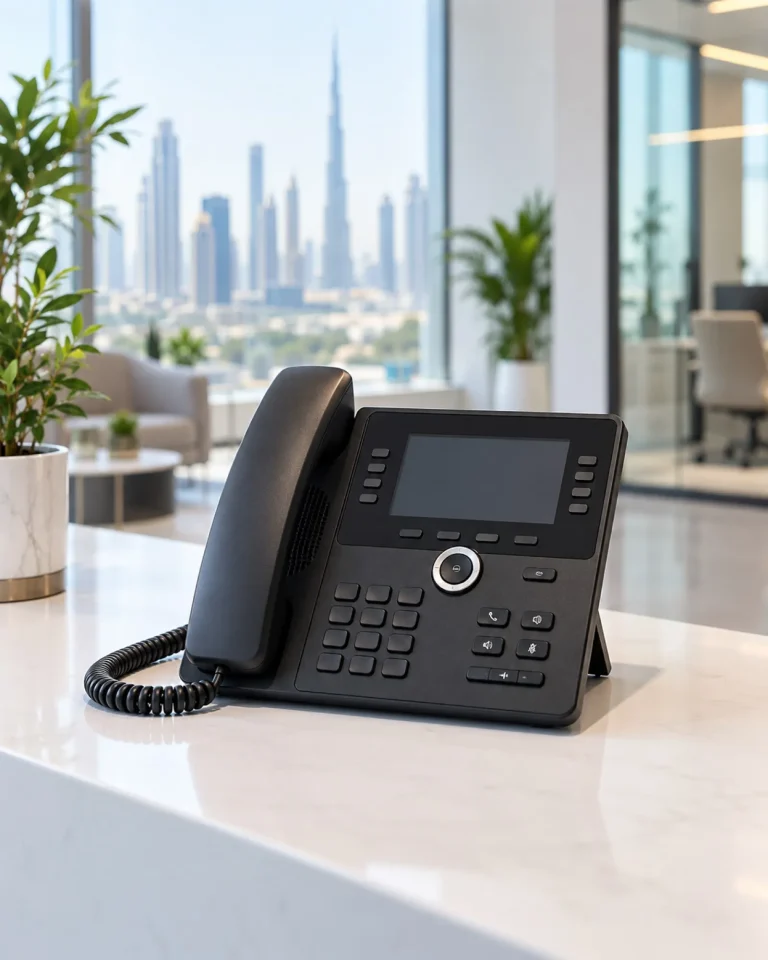 IP desk telephone in an office overlooking Dubai
