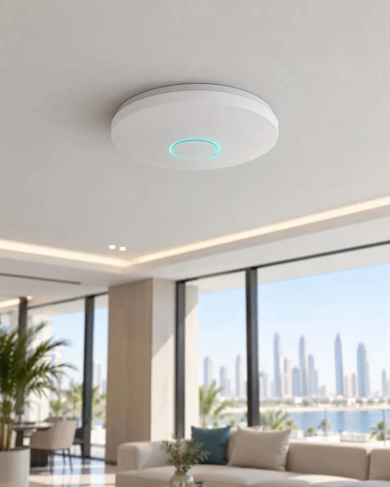 Ceiling Wi-Fi access point in a bright Dubai office